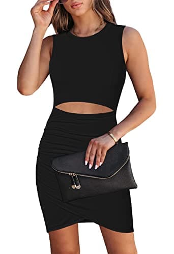 HUUSA Womens Crewneck Sleeveless Cutout Bodycon Mini Dress Casual Summer Empire Waist Slim Fit Wrap Cocktail Party Short Dresses Outfits Black XL - Image 1