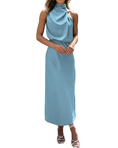 BTFBM Cocktail Dresses for Women Summer Satin Silk Sleeveless Mock Neck Maxi Wedding Guest Dress Spring Outfits 2026(Light Blue, X-Large) - Image 1