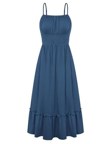 GRACE KARIN Women's Summer Maxi Dress 2026,Smocked Ruched Bust Sundress with Adjustable Straps & Pockets Blue XL - Image 1