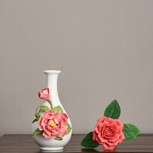 Handmade Pinched Flowers Ceramic Vase with One Ceramic Rose Flower, Home Decor Ceramic Vase for Dining Table, Living Room, Kitchen, Bedroom, Shelf, Office, Coffee Table, Restaurant & Fireplace Mantel