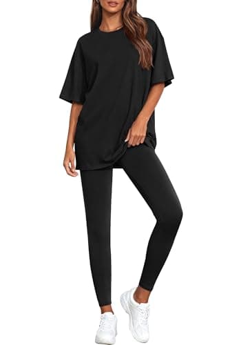 BTFBM Two Piece Lounge Set Women 2026 Spring Casual Oversized Shirts Leggings Matching Workout Airport Travel Outfits(Black, Large) - Image 1