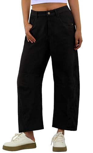 IWOLLENCE Women's Corduroy Barrel Pants Mid-Rise Elastic Waist Casual Cord Wide Legs Baggy Pant with Pockets Trendy Fall Black, XL - Image 1