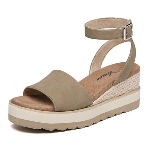 Athlefit Women's Platform Sandals Buckle Ankle Strap Open Toe Espadrille Khaki Wedge Sandals Size 6.5 - Image 1