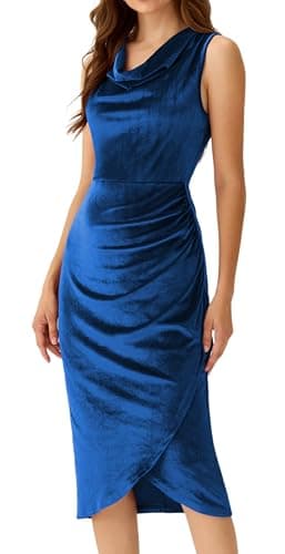 FeteChiq Wedding Guest Dress Women's Formal Velvet Dress Fall Sleeveless Cowl Neck Ruched Bodycon Cocktail Party Dresses(Navy,XL) - Image 1