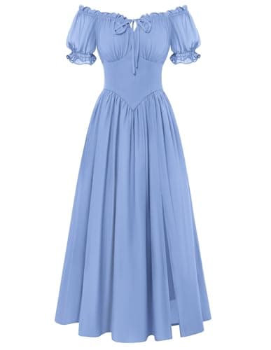 Scarlet Darkness Corset Dress for Women Off Shoulder Renaissance Costume Short Sleeve Milkmaid Dresses with Pockets Light Blue - Image 1