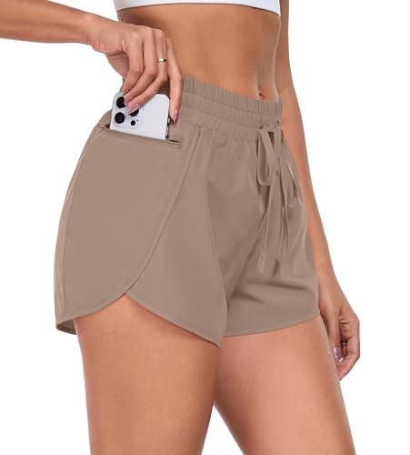 PrinStory Womens Athletic Shorts High Waisted Running Quick Dry Gym Workout Shorts with Zipper Pockets Khaki-L-FBA - Image 1