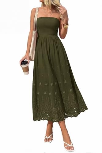 PRETTYGARDEN Womens Summer Dresses 2026 Sexy Sleeveless Tube Top Long Dress Eyelet Cotton Maxi Beach Sundress Pockets(Army Green,Small) - Image 1
