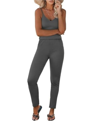 GAMISS Summer Rompers for Women 2025 Trendy Deep V Neck Jumpsuit Spaghetti Strap Overalls Beach Vacation Clothes Mist Grey S - Image 1