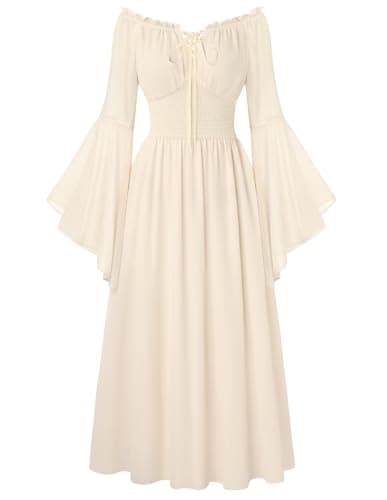 Scarlet Darkness Renaissance Dress Women Peasant Medieval Costume Off Shoulder Maxi Dresses with Pockets Oyster White M - Image 1