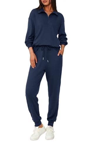 BTFBM Women's 2 Piece Tracksuit Fall Outfits 2025 Long Sleeve Half Zip Sweatshirt Sweatpants Lounge Set Sweatsuits(Solid Navy,Small) - Image 1