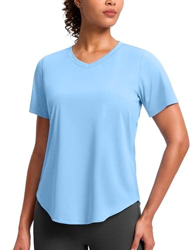 Womens Workout Shirts V-Neck Short Sleeve UPF 50+ Sun Shirt Moisture Wicking Dry Fit Top for Gym, Running, Athletic (Haze Blue, 3XL) - Image 1