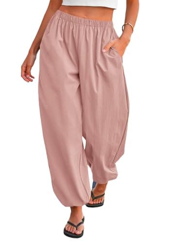 Tankaneo Womens Balloon Pants Trendy Casual Elastic Waist Wide Leg Harem Pants Baggy Pleated Lantern Trousers Pink - Image 1