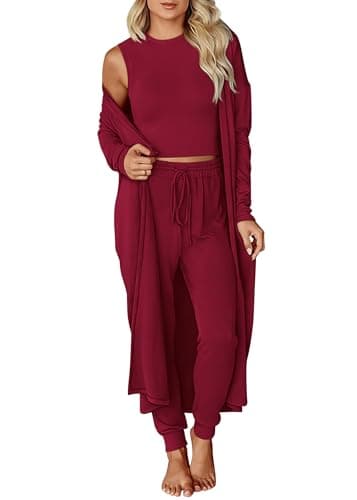 KIRUNDO 3 Piece Lounge Sets for Women Airport Travel Vacation Outfits 2026 Fall Cardigan Matching Sleeveless Top Jogger Pants(Wine Red, X-Large) - Image 1