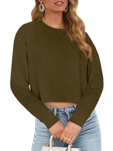 JINKESI Womens Long Sleeve Crewneck Cropped Sweatshirt Soft Loose Pullover Tops Fall Outfits Army Green-XL - Image 1
