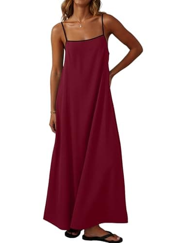 Lepunuo Summer Plus Size Dresses for Women Boho Sundress Contrast Spaghetti Strap Backless Beach Maxi Dress A - Wine Red - Image 1