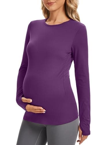 MathCat Maternity Long Sleeve Shirt with Thumbleholes,Pregnancy Casual Tops Athletic Yoga Maternity Shirts Purple - Image 1