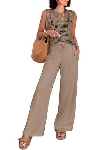 ANRABESS Women 2 Piece Summer Outfits 2026 Crochet Sweater Vest Wide Leg Pants Lounge Matching Sets Travel Vacation Clothes Light Brown Medium