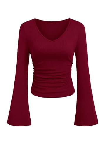 PRETTYGARDEN Women 2026 Fall Long Bell Sleeve Shirts Ribbed V Neck Fitted Ruched Trendy Y2K Going Out Tee Tops Summer Clothes (Burgundy,XX-Large) - Image 1