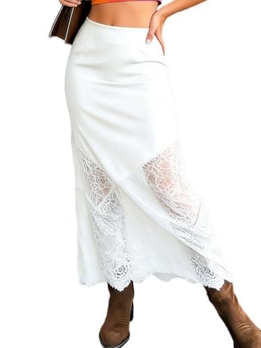 Women's 2026 Lace Patchwork Bodycon Skirt - High Waist Elegant Solid Maxi Long Skirt (US, Alpha, Medium, Regular, Regular, White) - Image 1