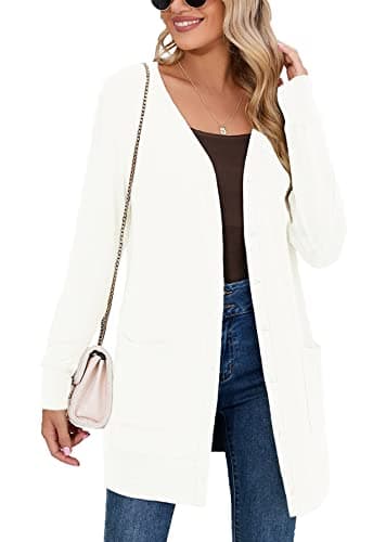 Heymoments Women's Long Sleeve Open Front Cardigan White Mediun Button Down Ladies Loose Ribbed 2026 Fall Winter Lightweight Knit Outerwear Coat with Pocket - Image 1