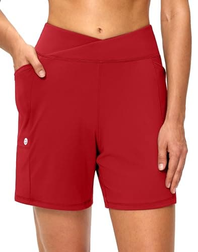 Women's Athletic Shorts 6" High Waisted Stretchy Bermuda Shorts for Women Quick Dry Summer Casual Shorts(Red,S) - Image 1
