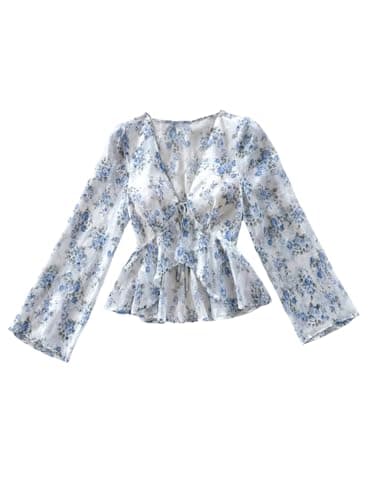 MakeMeChic Women's Floral Crop Tops V Neck Tie Front Ruffle Hem Long Sleeve Peplum Blouse Blue and White Large - Image 1