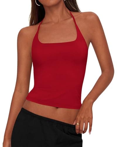 KIRUNDO Halter Tops for Women Crop Tank Going Out Tops Y2k Trendy Camisole Workout Sleeveless Backless Summer Clothes 2026(Red, Small) - Image 1