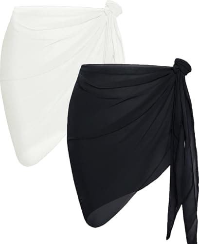 2 Pieces Women Beach Sarong Bathing Suit Wrap Skirt Sheer Bikini Swimsuit Cover Ups for Swimwear (White and Black) - Image 1