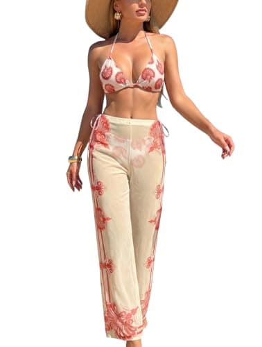 WODECASA Women's 3 Piece Swimwear Set Halter Floral Print Triangle Bikini with Sheer Cover Up Pants - Image 1