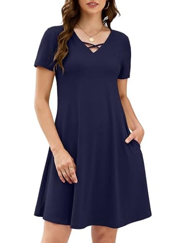 KORSIS Dresses for Women Summer Casual T-Shirt Short Sleeve Criss Cross V Neck Swing Soft Loose Beach Party Vacation midi Soild Dress with Pockets (S-2XL) Navy Blue - Image 1