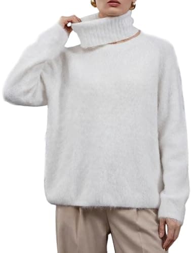 Wyeysyt Women's Fuzzy Sweater Cozy Sweaters Crew Neck Soft Fall Knit Pullover with Detachable Turtleneck(White-XL) - Image 1
