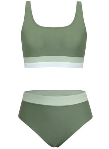 Alakuoti Girls Swimsuit Color Block Adjustable Straps Bikini Sets Teen Girl Two Piece Bathing Suits with Chest Pad Size 10 Green - Image 1