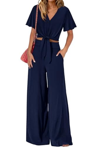 PRETTYGARDEN Women 2 Piece Summer Outfits Short Sleeve Strappy Top Wide Leg Pants Tracksuit Lounge Sets Beach Clothes(Navy Blue,X-Large) - Image 1