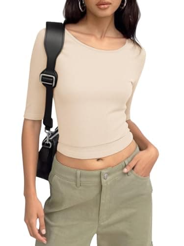 Imily Bela Womens Ribbed Knit Crewneck Crop Tops Basic Slim Fit T Shirts Half Sleeve 2025 Summer Trendy Y2k Tee Beige - Image 1
