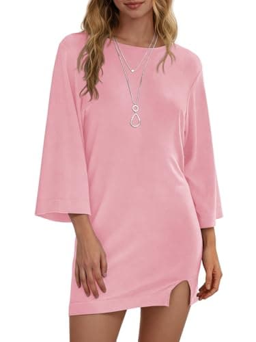 Wenrine Womens Summer T Shirt Dress Casual 3/4 Sleeve Crewneck Slit Loose Shift Mini Dresses Pink - Image 1
