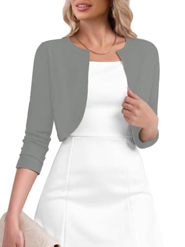 Heymoments Women's Thin Shrugs for Dresses Gray Large Open Front 3/4 Sleeve Knit Lightweight Crop Cardigan Dressy Cropped Tops Coat Sweater Clothes - Image 1