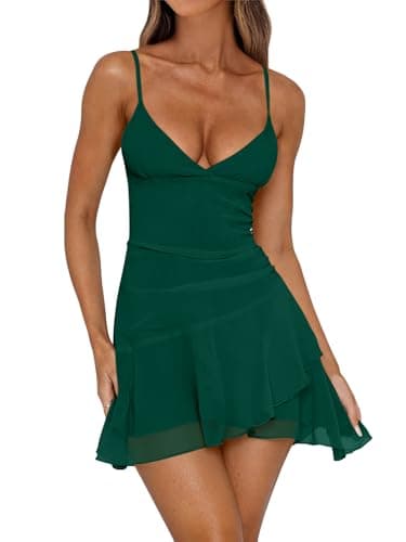 Caracilia Womens Cocktail Dresses Sleeveless V Neck Mesh Ruched Bodycon 2026 Sexy Summer Going Out Club Mini Short Dress X-Large Forest Green - Image 1
