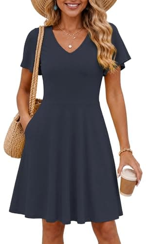 COSSEN Women's Summer Casual T Shirt Dress Navy Blue Medium with Pockets - Short Sleeve V Neck Flowy Loose A-Line Sundress Vacation - Image 1