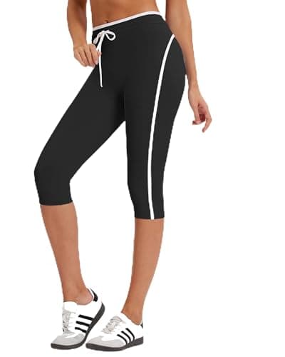 MOOSLOVER Women High Waisted Capri Leggings Drawstring Color Block Capris Stretch Compression Workout Yoga Pants(XL,Black) - Image 1