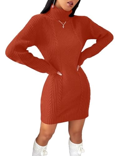 SunnyMelody Womens Turtleneck Cable Knit Sweater Dress Fall Winter 2025 Christmas Ugly Sweaters Cute Ladies Dressy Casual Long Sleeve Mini Dresses Orange Burnt Coral Red M - Image 1