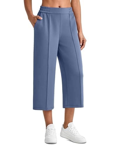 G4Free Travel Pants Women Wide Leg Capis with Pockets High Waist Elastic Straight Leg Casual Lounge Pants for Daily Life(Denim Blue,XS,Regular) - Image 1