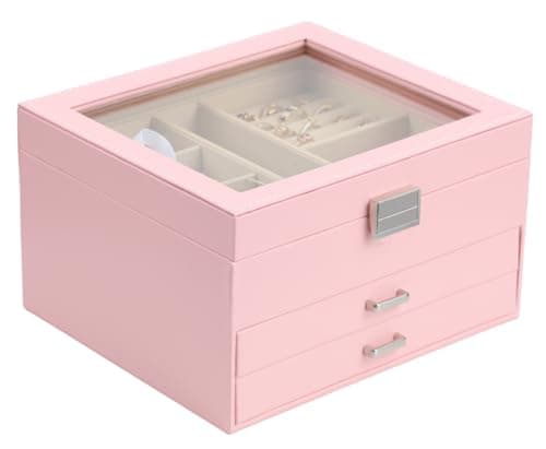 BOOVO Clear Lid Jewelry Box,3 Layers Jewelry Organizer Large Jewelry Storage Box with 2 Drawers,Jewelry Holder Organzier of Rings Earrings Necklace Bracelets for Women (Pink, 3 Layer)