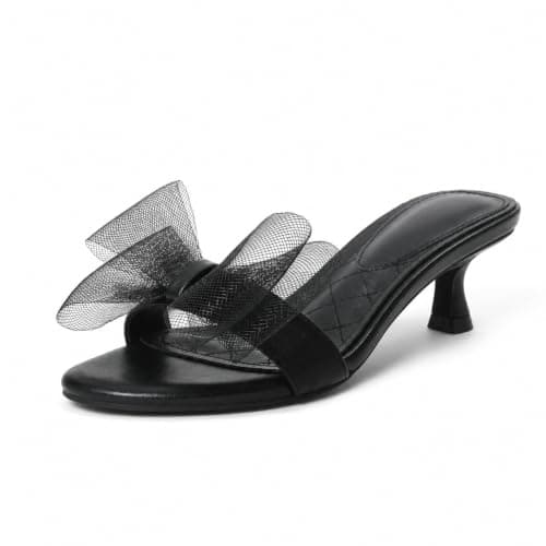 Tarkwa Kitten Heels for Women Open Round Toe Low Heels Sexy Vintage Mules with Bow Slip On Backless Heeled Sandals, Fashion Dress Shoes for Daily, Weeding, Party, Casual Black 7.5