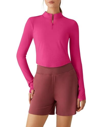 G4Free UPF 50+ UV Sun Shirts for Women Long Sleeve Gym Tops Quarter Zip Pullover Waist Length Running Golf Tennis(Hot Pink,M) - Image 1