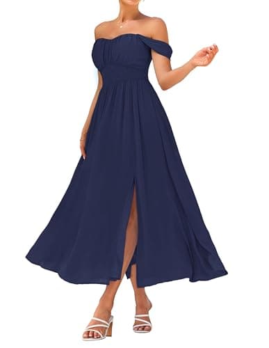 GRACE KARIN Summer Navy Blue Dress for Women 2026,Off the Shoulder Smocked Bridesmaid Dresses,Formal Baby Shower Maxi Dresses S - Image 1