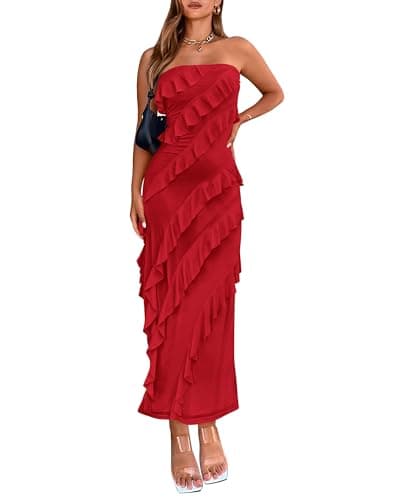 BTFBM Women Summer Elegant Strapless Midi Ruched Bodycon Dress Solid Color Stretch Mesh Slim Party Cocktail Dresses - Image 1