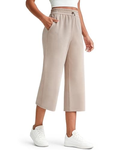 G4Free Straight Leg Capri Pants for Women Wide Leg High Waist Loose Casual Sweat Pants Summer Athletic Works Capris(Light Khaki,Regular) - Image 1