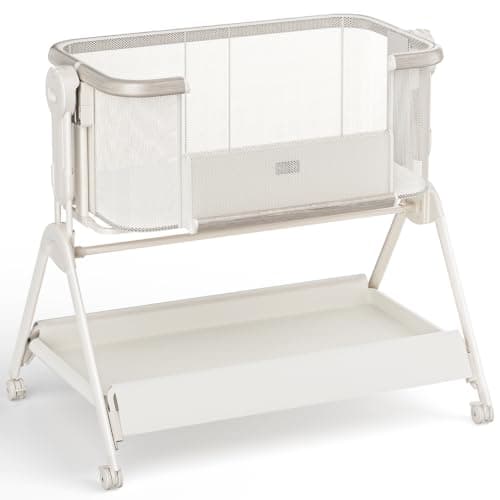 Winchild 3 in 1 Baby Bassinet Bedside Sleeper, Rocking Bassinet with Lockable Wheels,Breathable Mesh, 6 Height Adjustments, Soft Mattress & Storage Basket, Portable Bassinet for Newborns, Beige - Image 1
