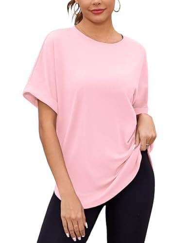 Totatuit Women Boxy Oversized Tshirts Long Shirts for Leggings Short Sleeve Round Neck Loose fit Tee Cute Summer Spring Tops Casual Solid Lounge Wear Pink Large - Image 1