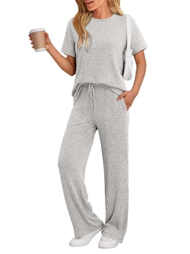 LILLUSORY Lounge Sets for Women 2 Piece Matching Summer Travel Outfits Spring Sets Cute Casual Pajamas 2026 Airport Clothes Gray Apricot S - Image 1